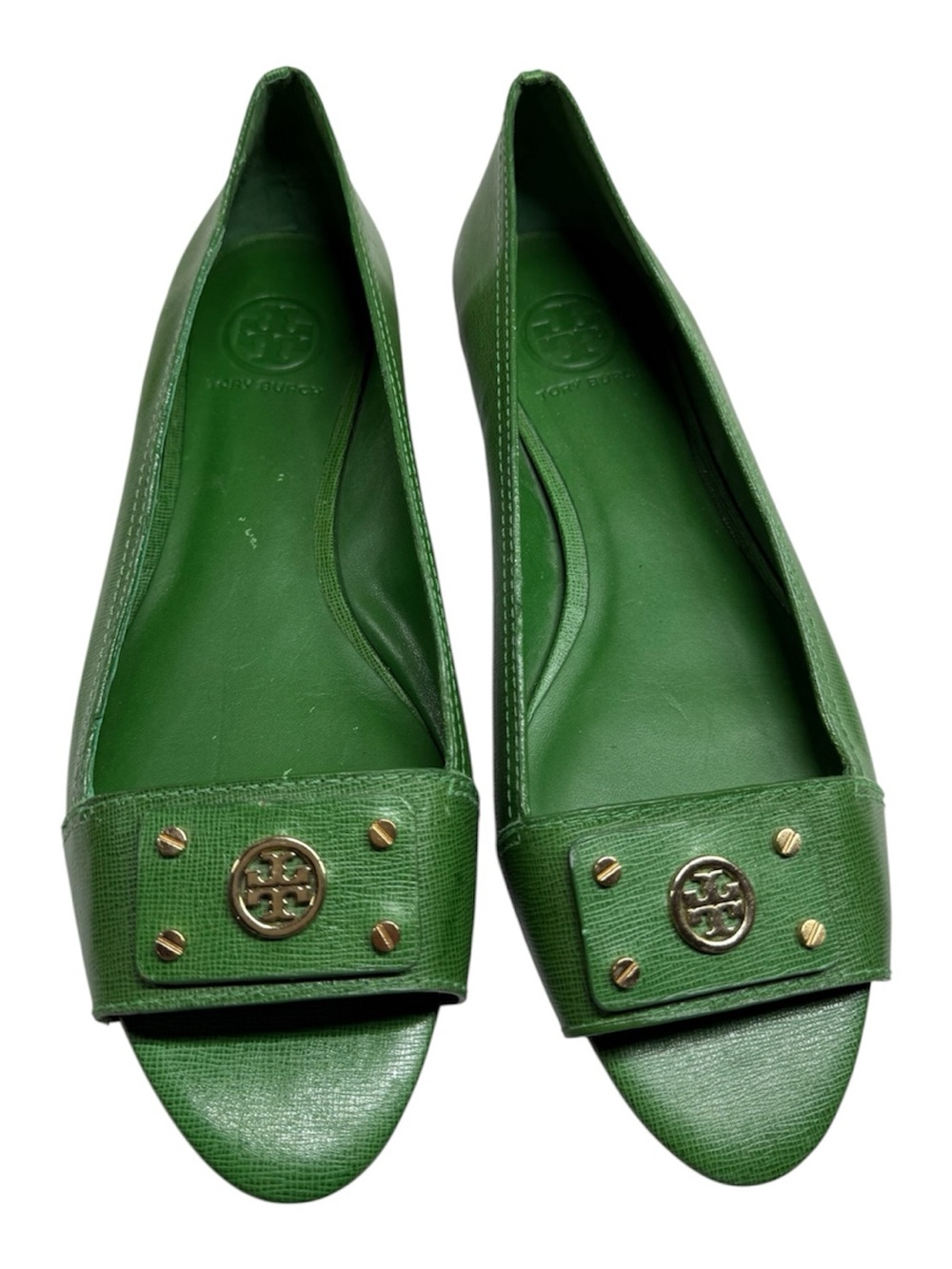 Tory Burch Green Leather Open-Toe Flats with Gold Logo Studs 10M